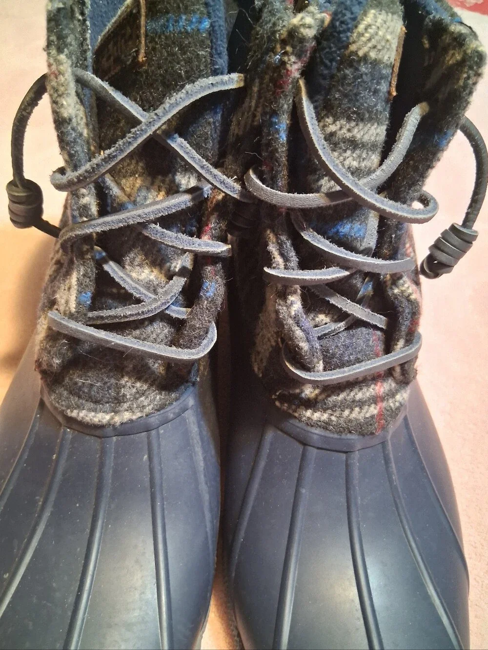 Sperry Top Sider Navy Blue Plaid Wool Duck Boots Waterproof Size 7M Rain Winter